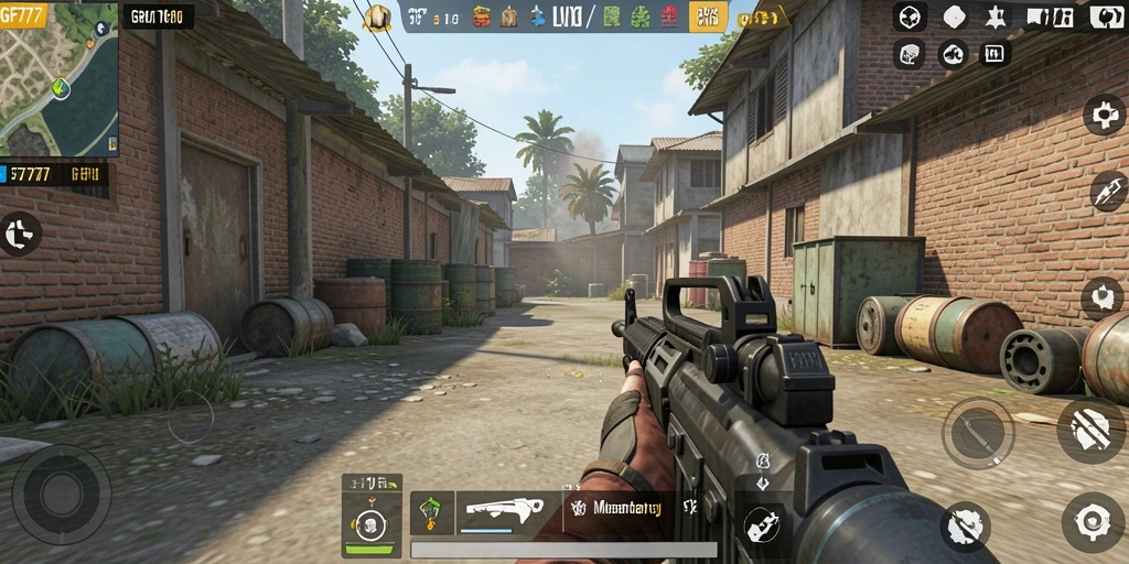 Screenshot gameplay GF777 menunjukkan aksi menegangkan di arena TPS.