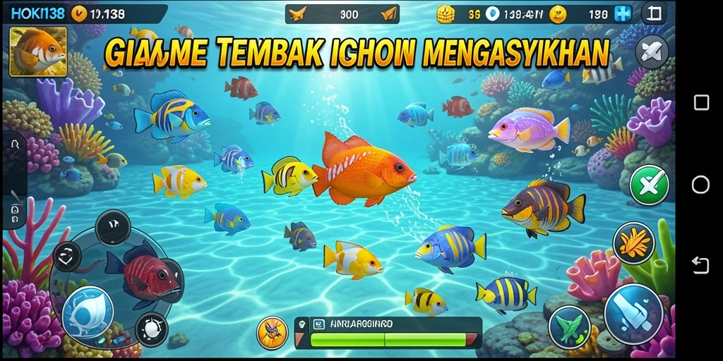 Screenshot HOKI138 menampilkan gameplay seru dengan ikan berwarna-warni.