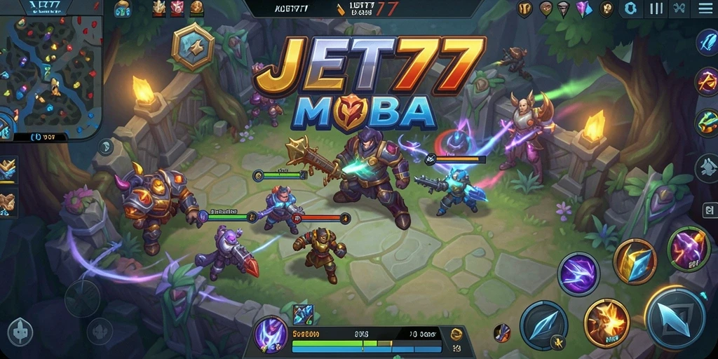 Screenshot gameplay JET77 yang menampilkan aksi pertempuran seru di arena.