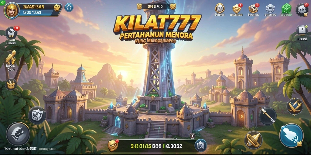 Tampilan permainan KILAT777 dengan menara dan musuh dalam aksi.