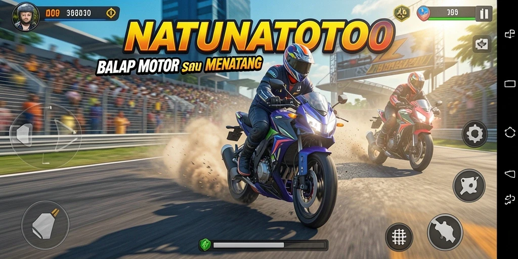 Gameplay NATUNATOTO dengan balapan motor yang seru.