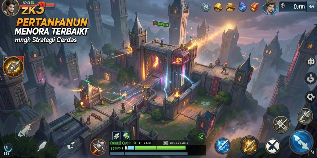 Screenshot gameplay ZK3 yang menampilkan menara dan musuh.